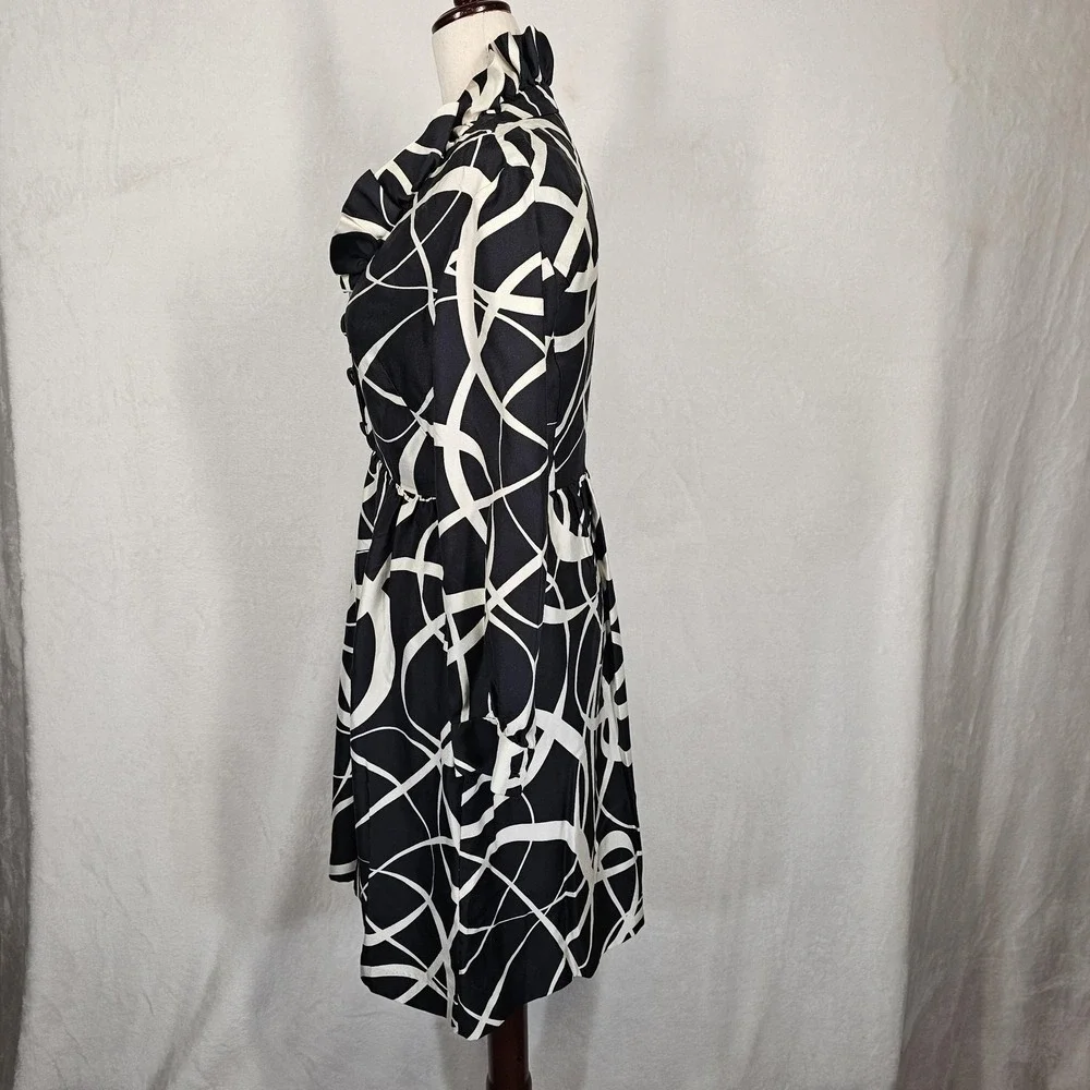 J Crew Dress Womens Size 10 Black White Silk‎ Ruffle Collar Abstract Print HO07